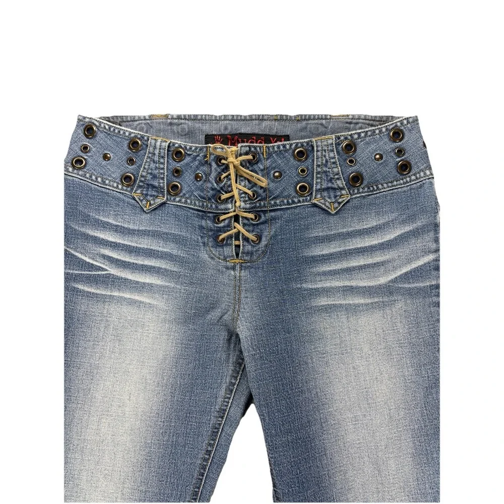 Vintage Y2K Mudd Lace Up Jean Studded Grommet Low Rise Flare 11 Grunge Retro Emo - Picture 5 of 11